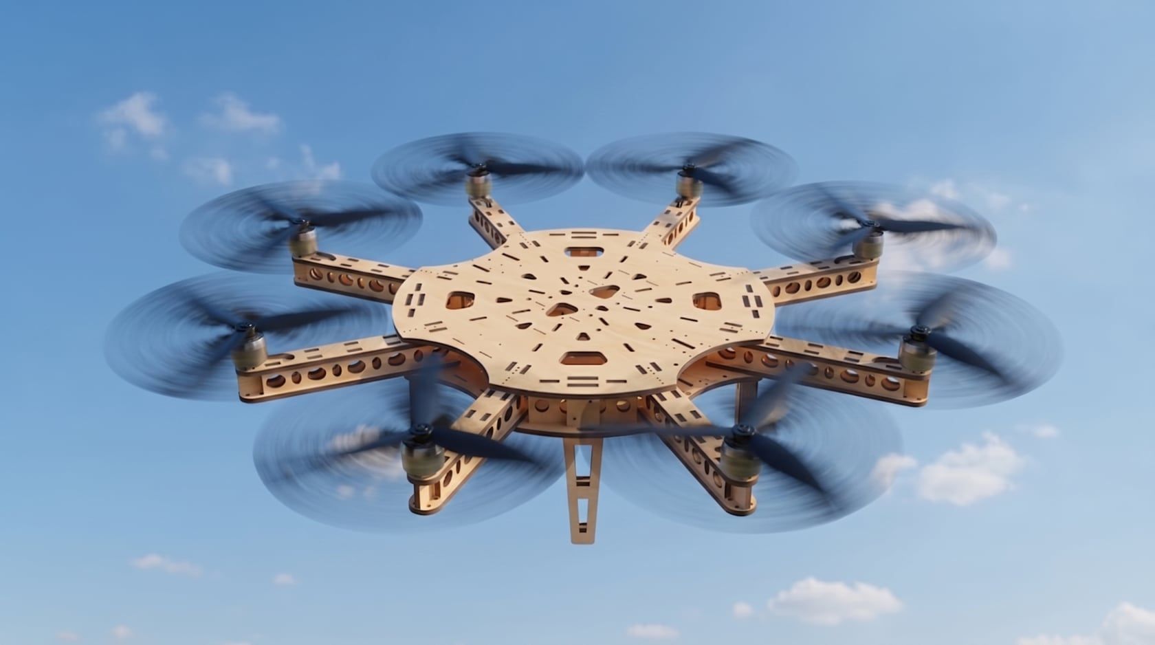 An FPV drone in flight against the sky