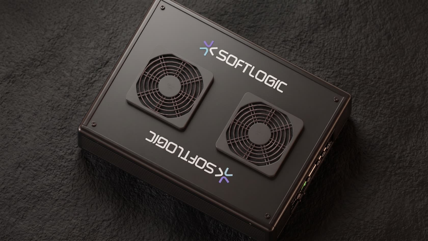 SC-iMVS-RM3 neural network observation complex — an enclosure with two cooling fans on a dark stone surface