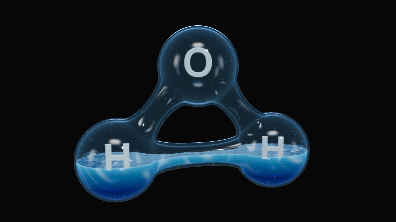 A glass molecule of three lobes with the letters H, O and H on a dark background, with blue water and clear balls in the lower lobes